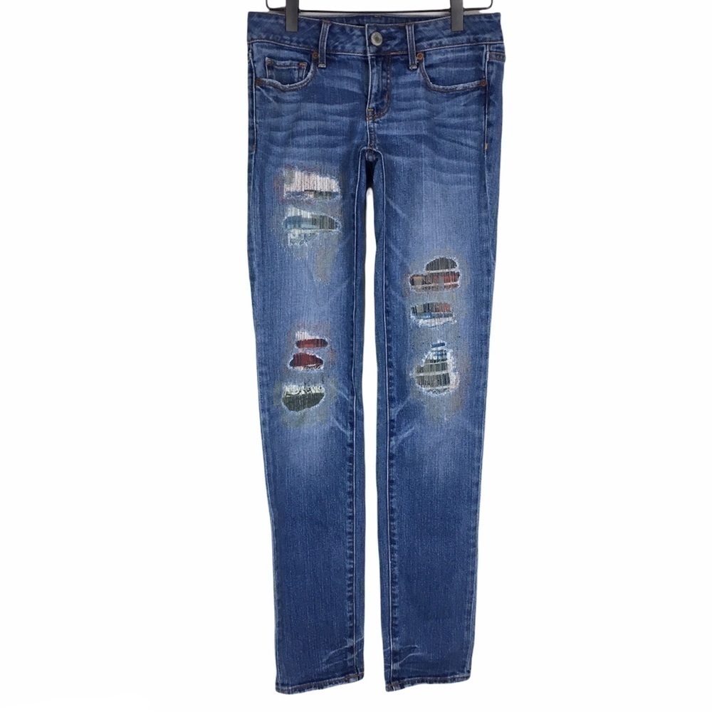 AMERICAN EAGLE Jeans Skinny Patchwork Plaid Boho Distressed Stretch Denim Size 2